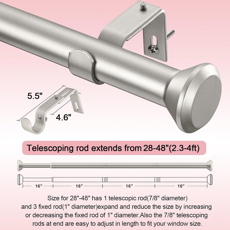 SIMEWIN Heavy Duty Curtain Rods for Windows 28 to 48 Inches, 1 Inch Silver Adjustable Curtain Rods with Diamond Finials (Silver,28-48) - Image 5